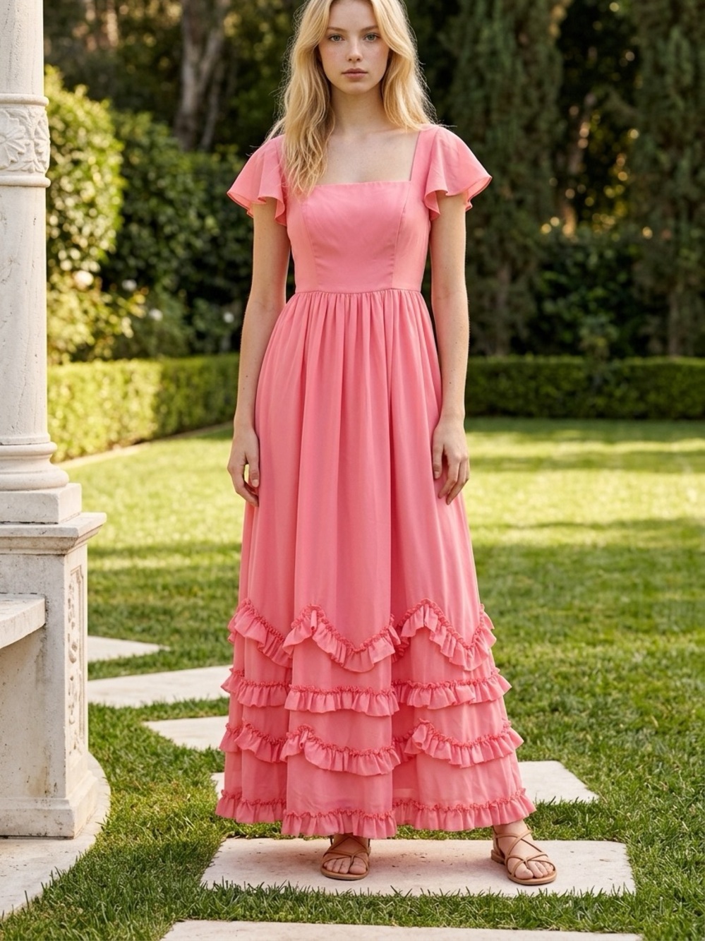 Coral Pink Ruffle Maxi Dress with Square Neck